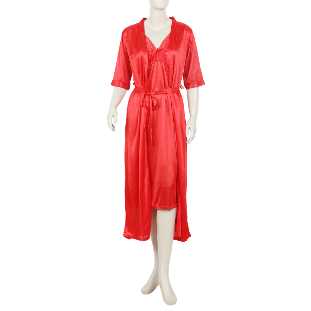 Women's 3Pcs Long Nighty - Red, Women Night Suit, Chase Value, Chase Value