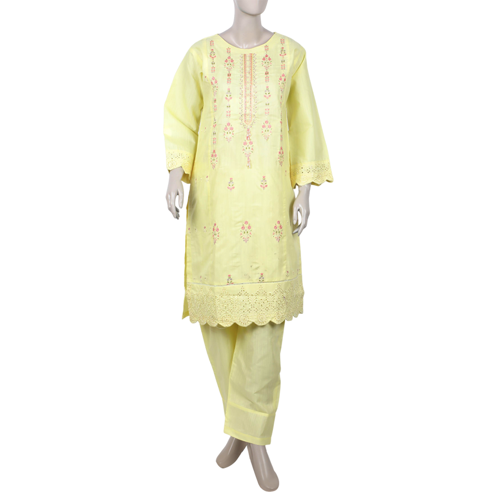 Women's 2pcs Stitched Embrioded Shalwar Suit - Light Yellow, Women Shalwar Suits, Chase Value, Chase Value