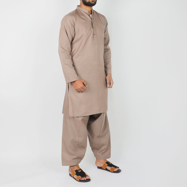 Men's Plain Kurta Shalwar Suit - Light Brown
