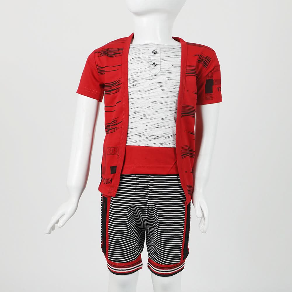 Boys Half Sleeves 3Pcs Suit - Red, Boys Sets & Suits, Chase Value, Chase Value