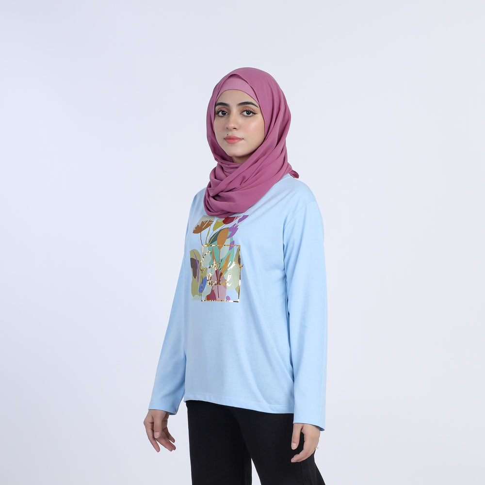 Women's Full Sleeves Printed Top - Sky Blue, Women T-Shirts & Tops, Chase Value, Chase Value