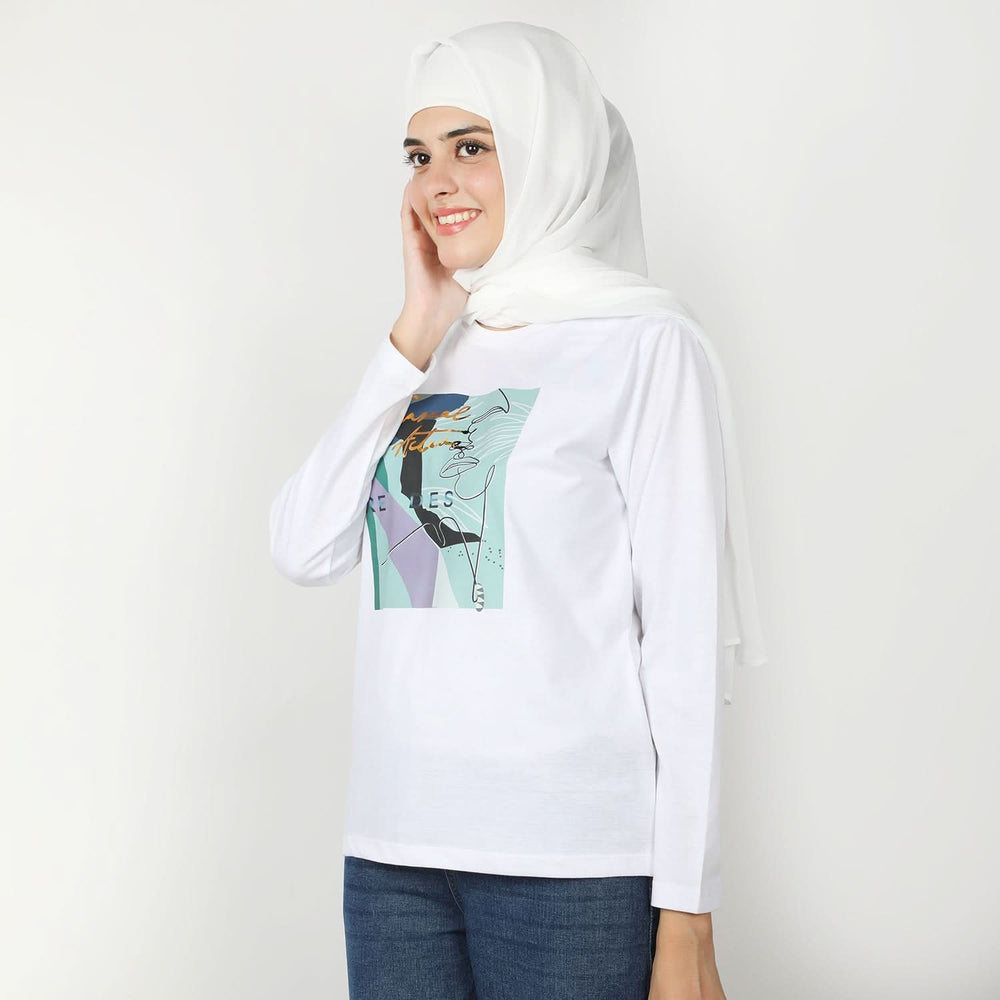 Women's Full Sleeves Printed T-Shirt - White, Women T-Shirts & Tops, Chase Value, Chase Value