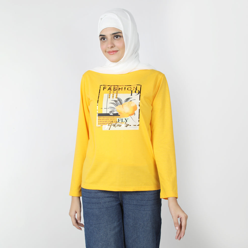 Women's Full Sleeves Printed T-Shirt - Yellow, Women T-Shirts & Tops, Chase Value, Chase Value