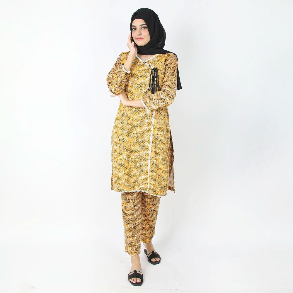 Women's Printed Khaddar Stitched 2pcs Suit - Yellow, Women Shalwar Suits, Chase Value, Chase Value