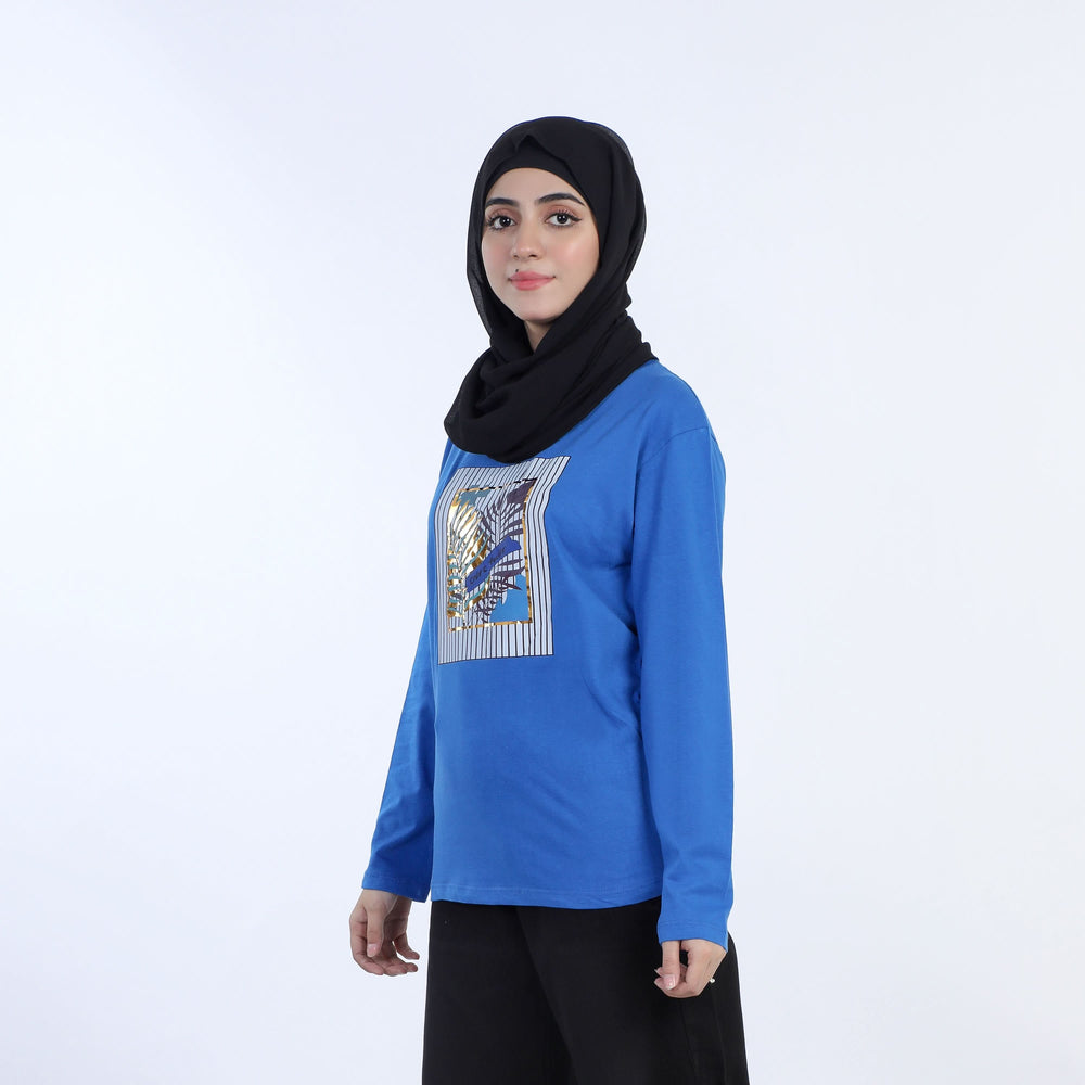 Women's Full Sleeves Printed T-Shirt - Blue, Women T-Shirts & Tops, Chase Value, Chase Value
