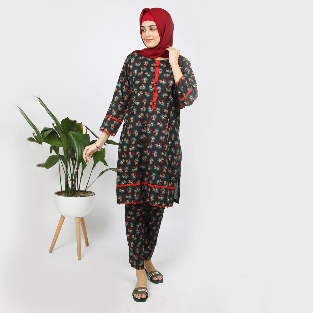 Women's Printed Khaddar Stitched 2pcs Suit - Black, Women Shalwar Suits, Chase Value, Chase Value