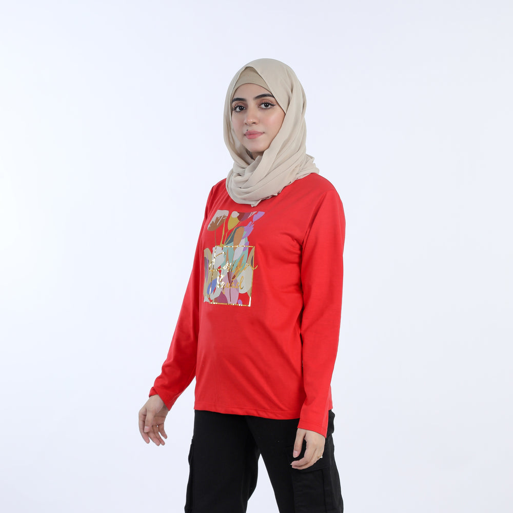 Women's Full Sleeves Printed Top - Red, Women T-Shirts & Tops, Chase Value, Chase Value