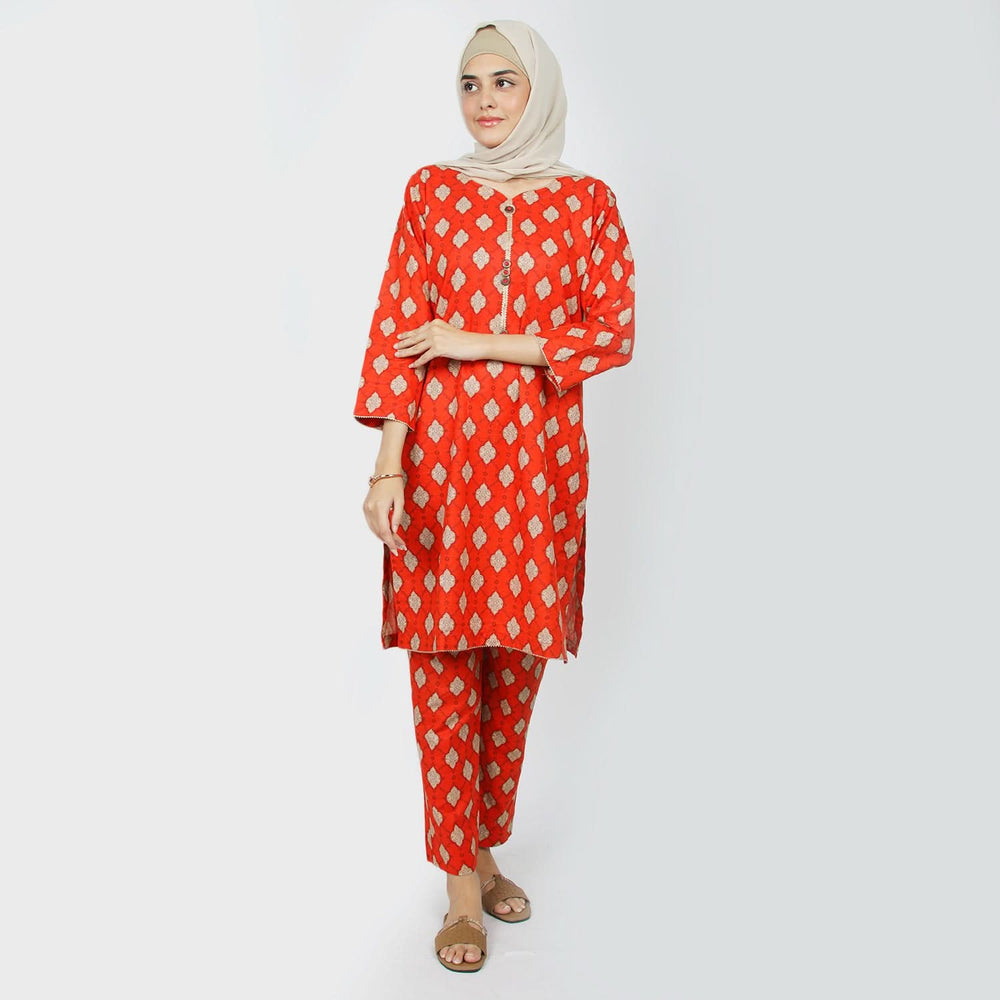 Women's Printed Khaddar Stitched 2pcs Suit - Rust, Women Shalwar Suits, Chase Value, Chase Value