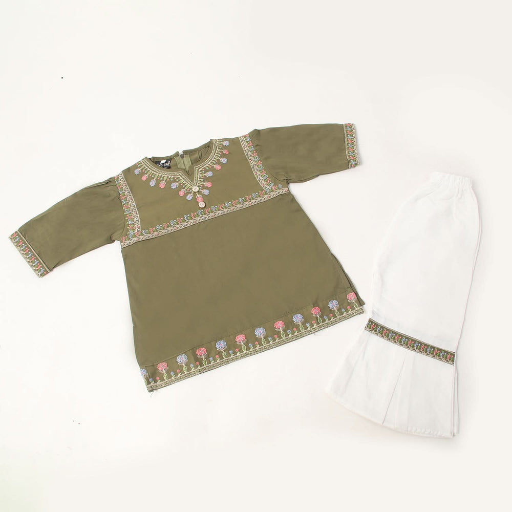 Girls Embroidered Shalwar Suit - Olive Green, Girls Shalwar Kameez, Chase Value, Chase Value