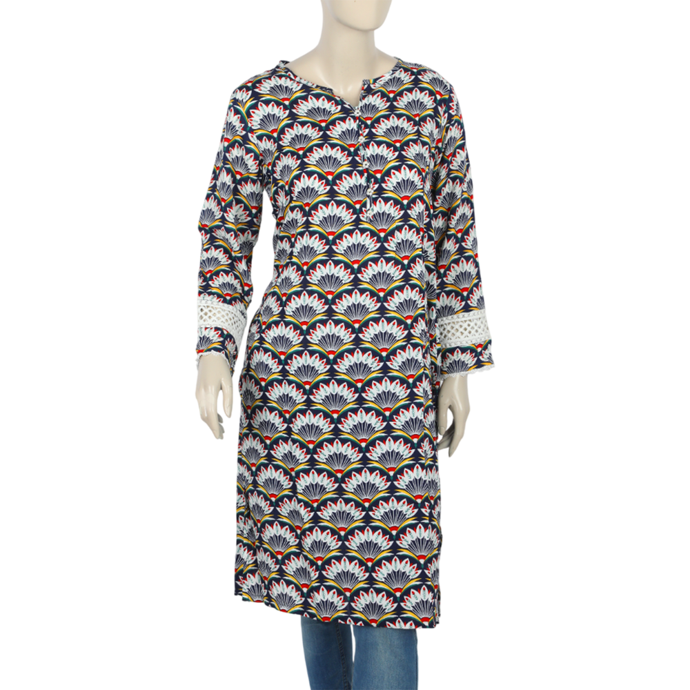 Women's Linen Printed Kurti - Navy Blue, Women Ready Kurtis, Chase Value, Chase Value