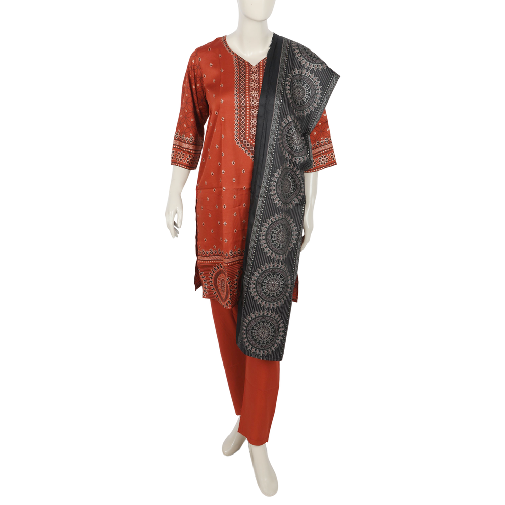 Women's 03pcs Stitched Suit - Rust, Women Shalwar Suits, Chase Value, Chase Value