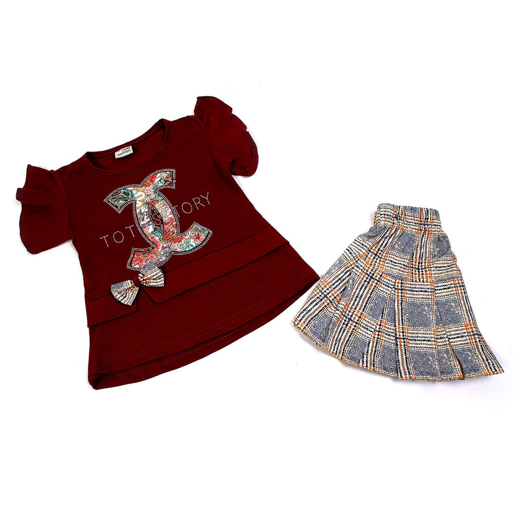 Girls Half Sleeves Skirt Suit - Maroon, Girls Suits, Chase Value, Chase Value