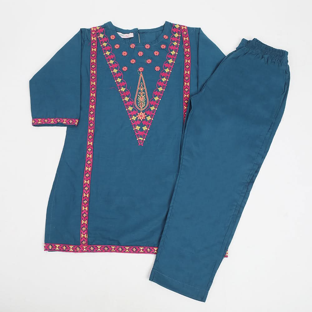 Girls Embroidered Shalwar Suit - Teal, Girls Shalwar Kameez, Chase Value, Chase Value