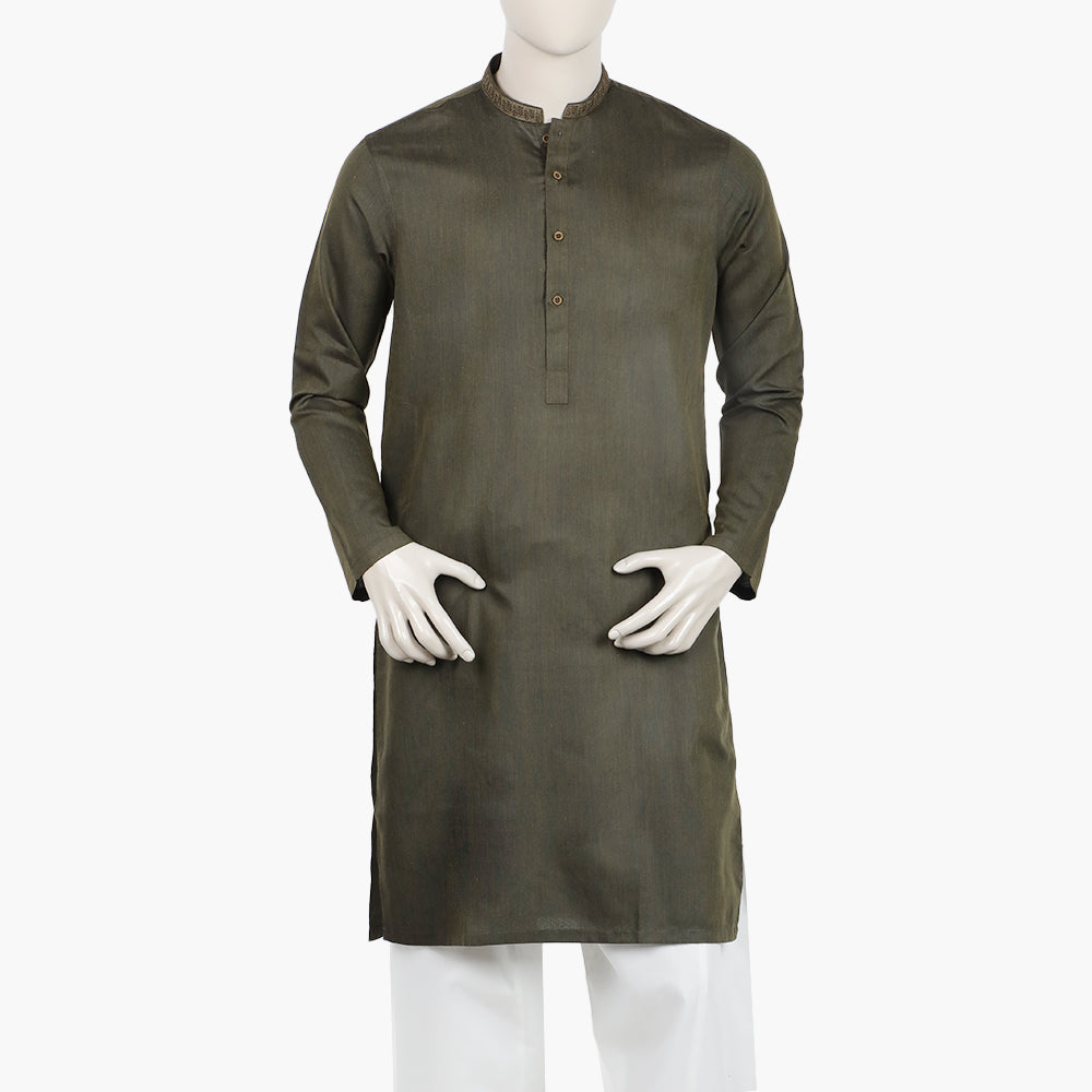 Men's Slim Fit Embroidered Kurta - Olive Green, Men's Kurtas, Chase Value, Chase Value