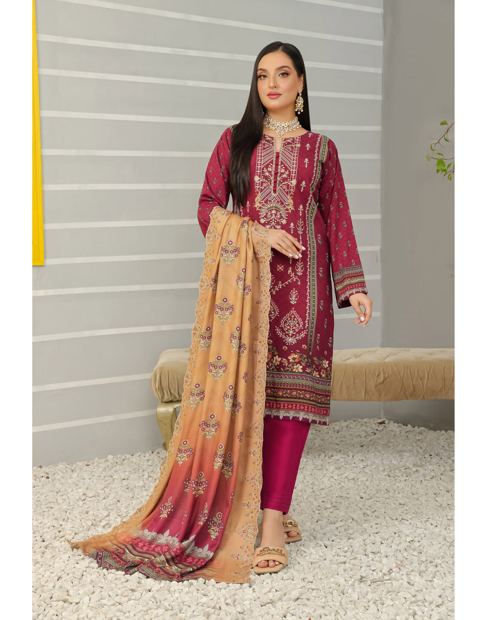 Gulfishan By RA-Bin Hameed Embroidered Unstitched 3Pcs Suit With Shawl - SF-2022, Women, 3Pcs Shalwar Suit, Rana Arts, Chase Value