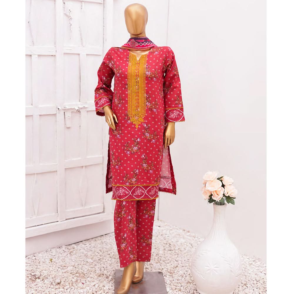 Hira Printed Lawn Embroidered 3Pcs Suit with Bember Dupatta - 7, Women, 3Pcs Shalwar Suit, Leeds Textile, Chase Value