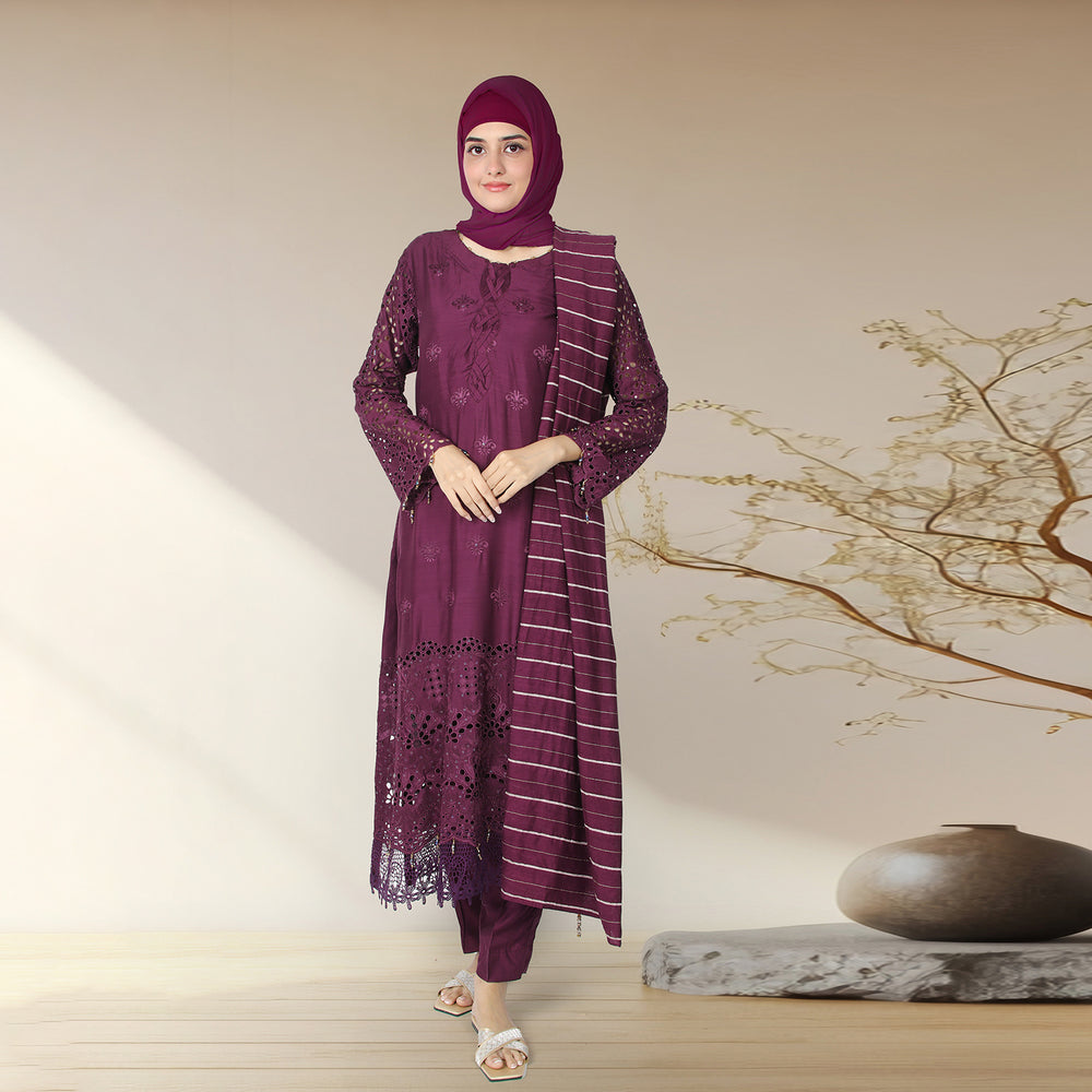 Eminent Women's Viscose Embroidered Unstitched Suit With Fancy Dupatta - Purple, Women, 3Pcs Shalwar Suit, Eminent, Chase Value