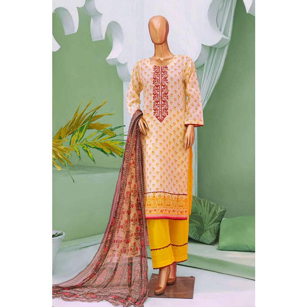 Minahil Printed Lawn Embroidered 3Pcs Suit with Bember Dupatta - 1, Women, 3Pcs Shalwar Suit, Leeds Textile, Chase Value