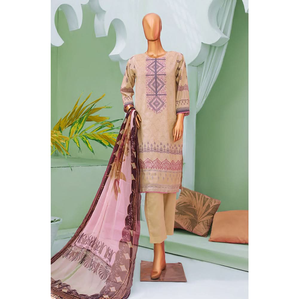 Minahil Printed Lawn Embroidered 3Pcs Suit with Bember Dupatta - 8, Women, 3Pcs Shalwar Suit, Leeds Textile, Chase Value