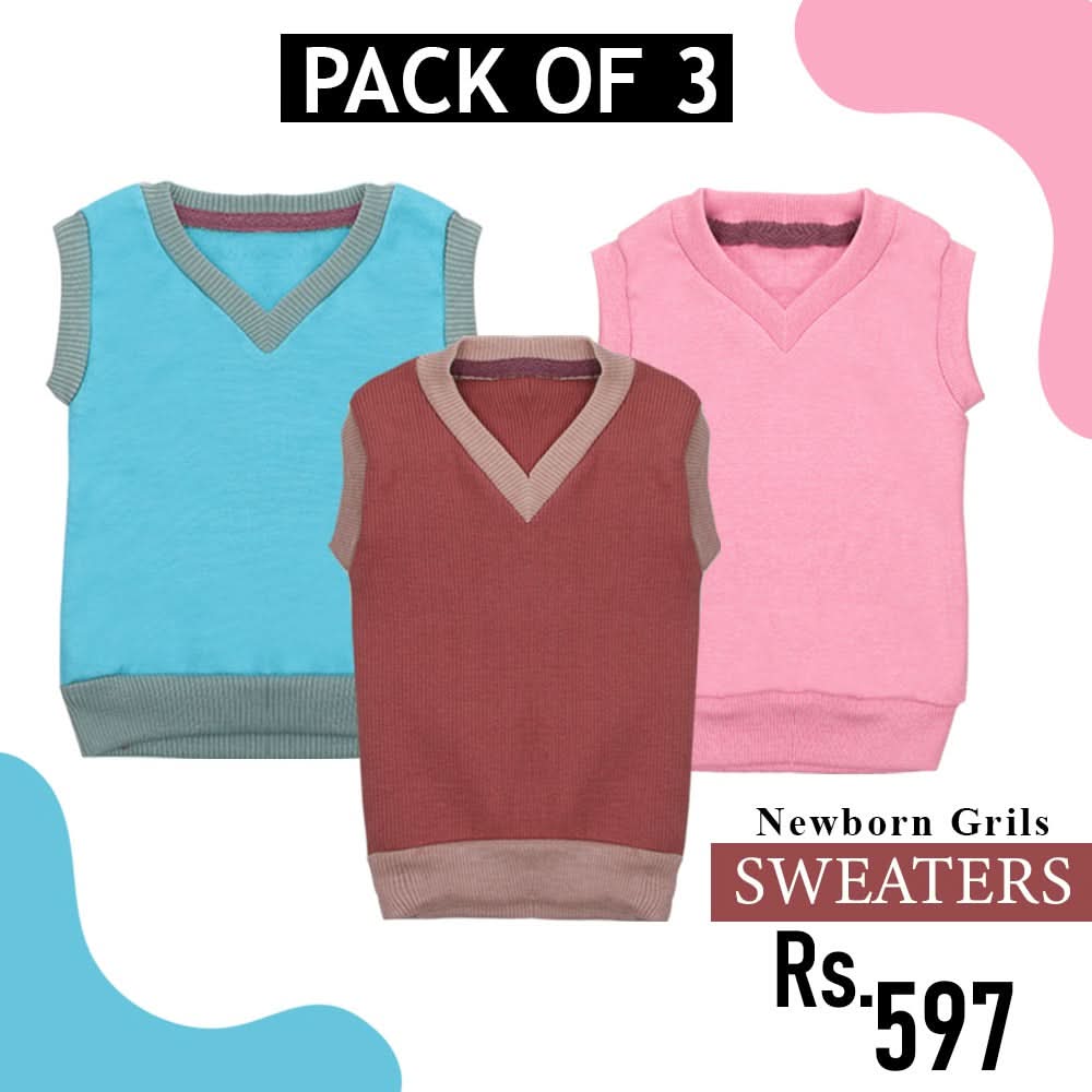 Newborn Kids Sando Sweater Pack of 3, Newborn Girls Winterwear, Chase Value, Chase Value