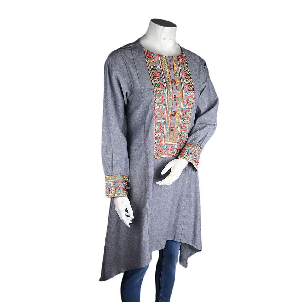 Women's Embroidered A-Line Kurti - Light-Grey - Light Grey - test-store-for-chase-value