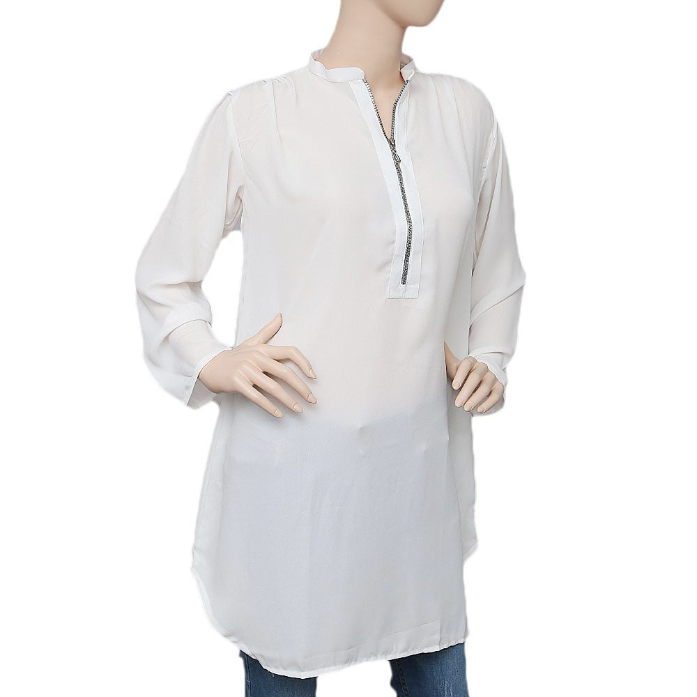 Women's Chiffon Zipper Top - White - test-store-for-chase-value