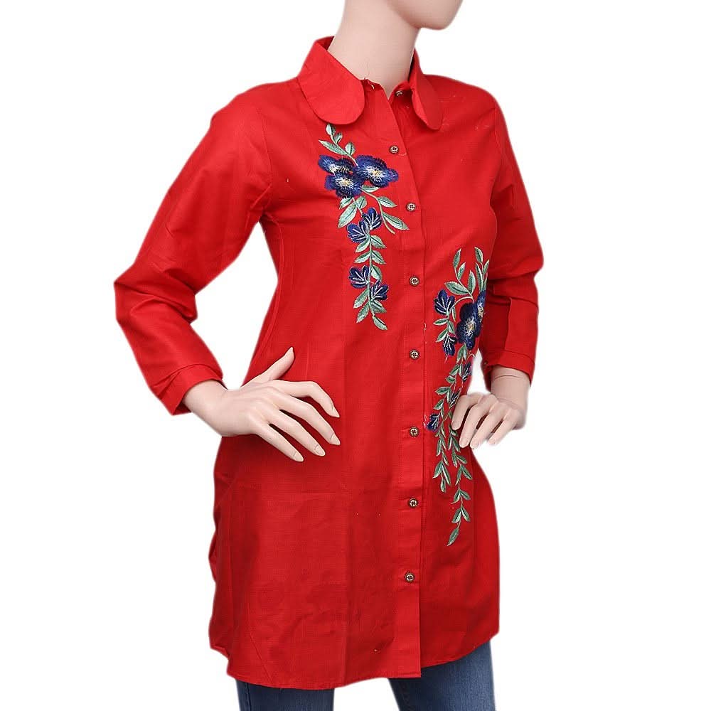Women's Embroidered Short Kurti - Red - test-store-for-chase-value