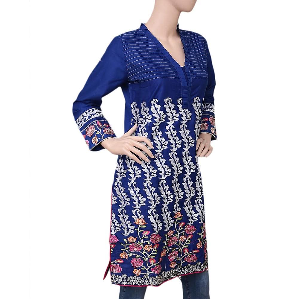 Women's Embroidered Cotton Kurti - Blue - test-store-for-chase-value