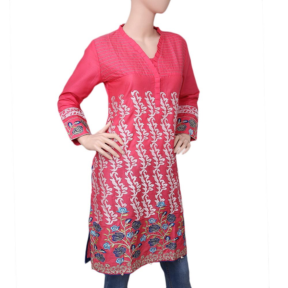 Women's Embroidered Cotton Kurti - Pink - test-store-for-chase-value