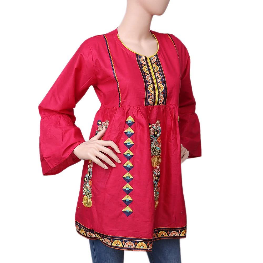 Women's Embroidered Short Kurti - Dark Pink - test-store-for-chase-value