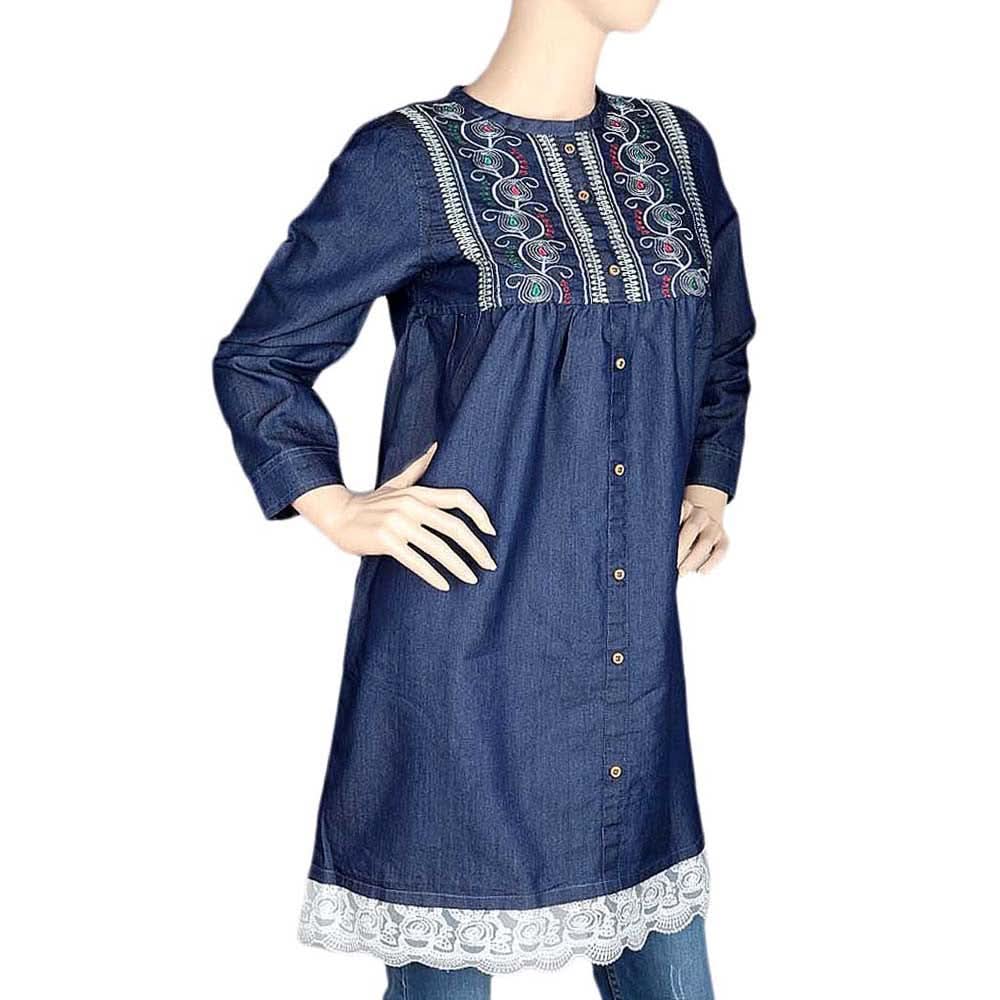 Women's Embroidered Denim Kurti - Blue - test-store-for-chase-value