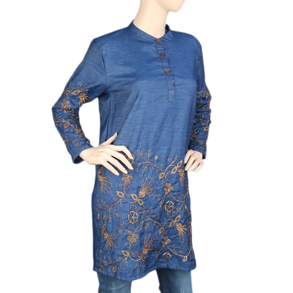 Women's Embroidered Denim Kurti - Blue - Blue - test-store-for-chase-value