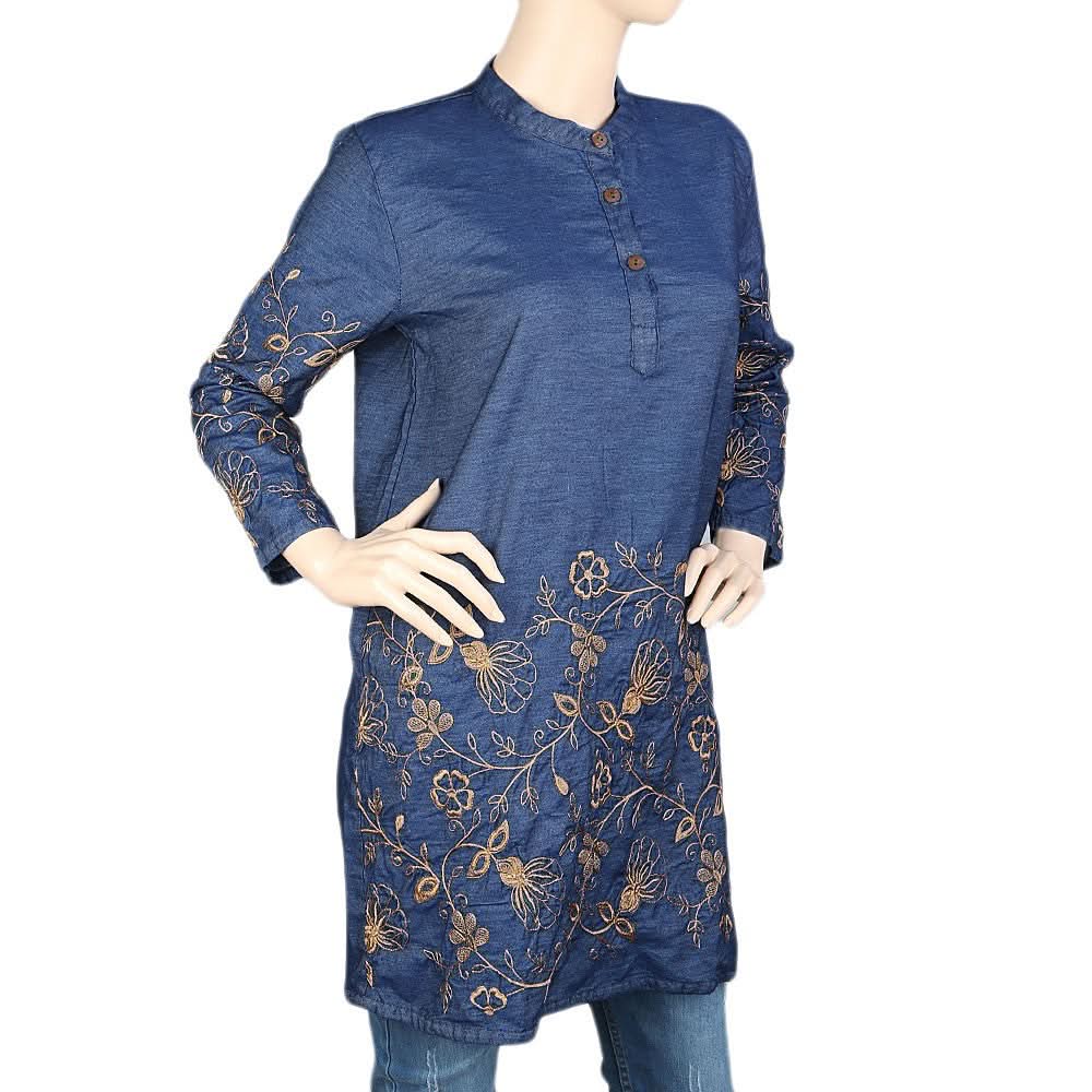 Women's Embroidered Denim Kurti - Dark Blue - test-store-for-chase-value