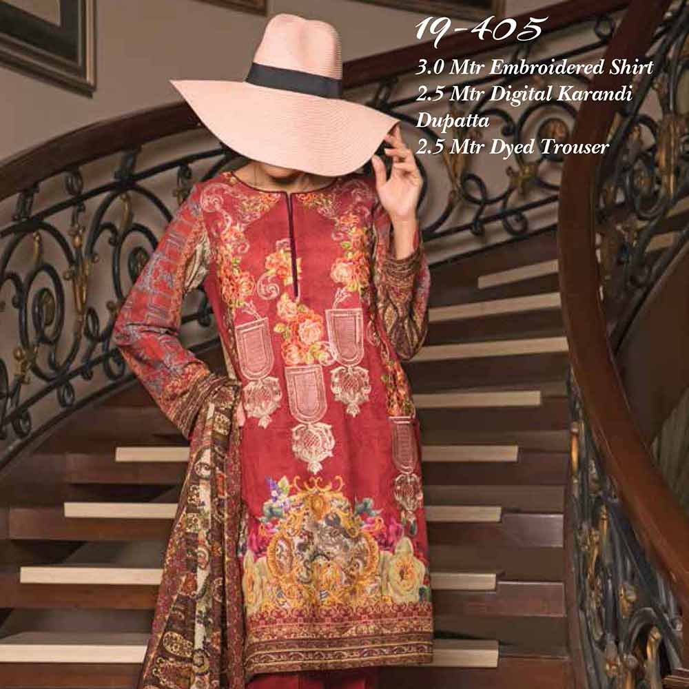 Zynah Digital Embroidered Karandi 3 Piece Un-Stitched Suit - 19-405, Women, 3Pcs Shalwar Suit, VS Textiles, Chase Value