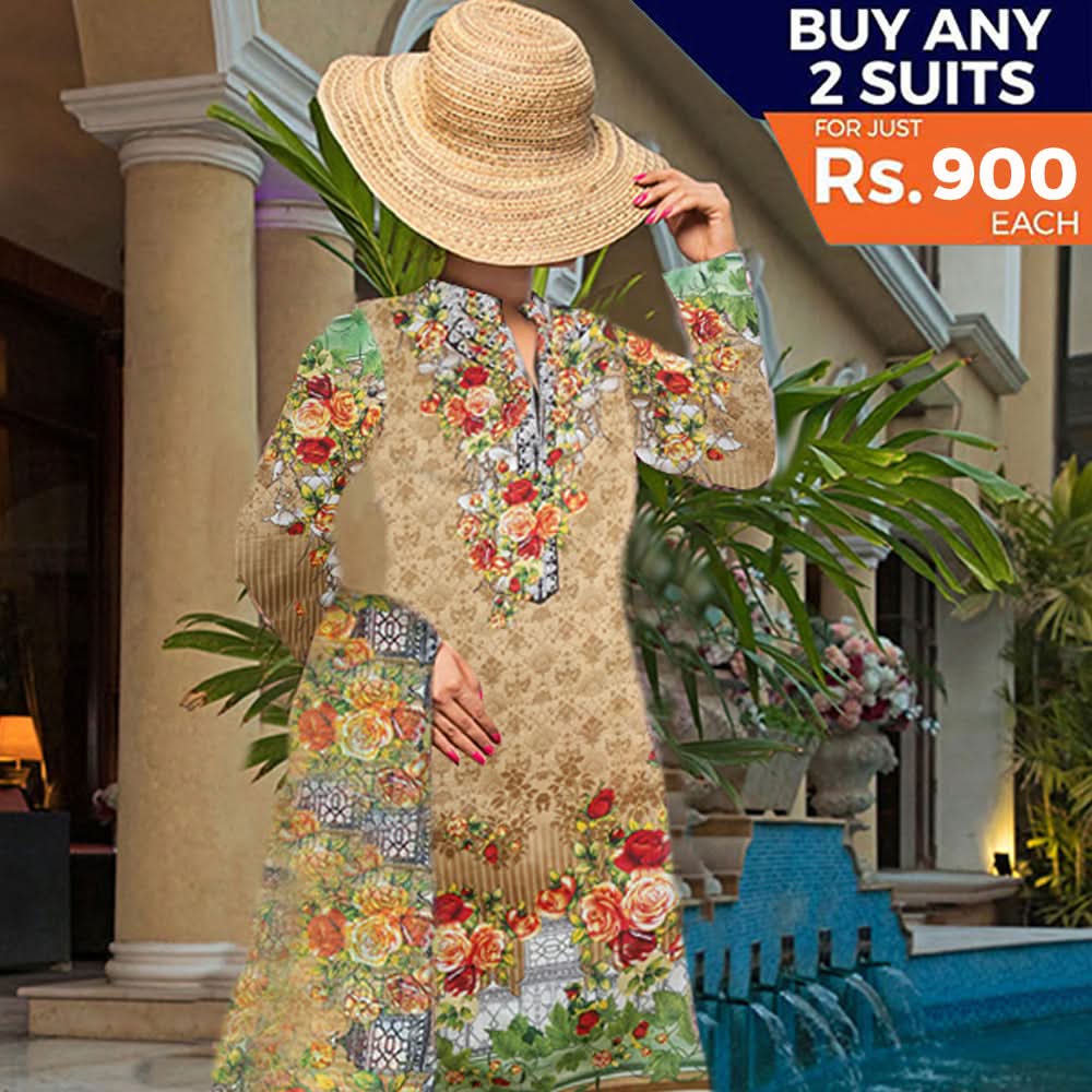Khadde Printed Lawn 3 Piece Un-Stitched Suit - 01, Women, 3Pcs Shalwar Suit, United Textiles, Chase Value