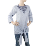 Women's Embroidered Stripe Top With Cut Daman - Navy Blue, Women, T-Shirts And Tops, Chase Value, Chase Value