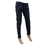 Women's Denim Pant With Pearl - Dark Blue, Women, Pants & Tights, Chase Value, Chase Value