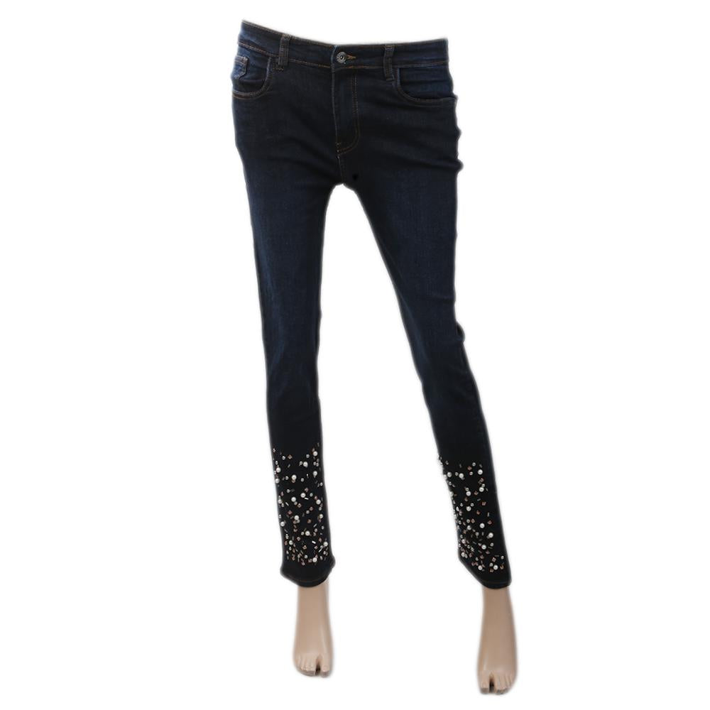Women's Denim Pant With Bottom Pearl - Dark Blue, Women, Pants & Tights, Chase Value, Chase Value