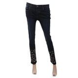 Women's Denim Pant With Bottom Pearl - Dark Blue, Women, Pants & Tights, Chase Value, Chase Value