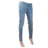 Women's Denim Pant With Bottom Pearl - Light Blue, Women, Pants & Tights, Chase Value, Chase Value