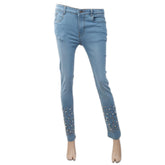 Women's Denim Pant With Bottom Pearl - Light Blue, Women, Pants & Tights, Chase Value, Chase Value