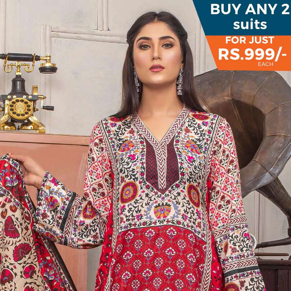 Three Star Printed Lawn 3 Pcs Un-Stitched Suit Vol 5 - 1-A, Women, 3Pcs Shalwar Suit, Al Dawood Textiles, Chase Value