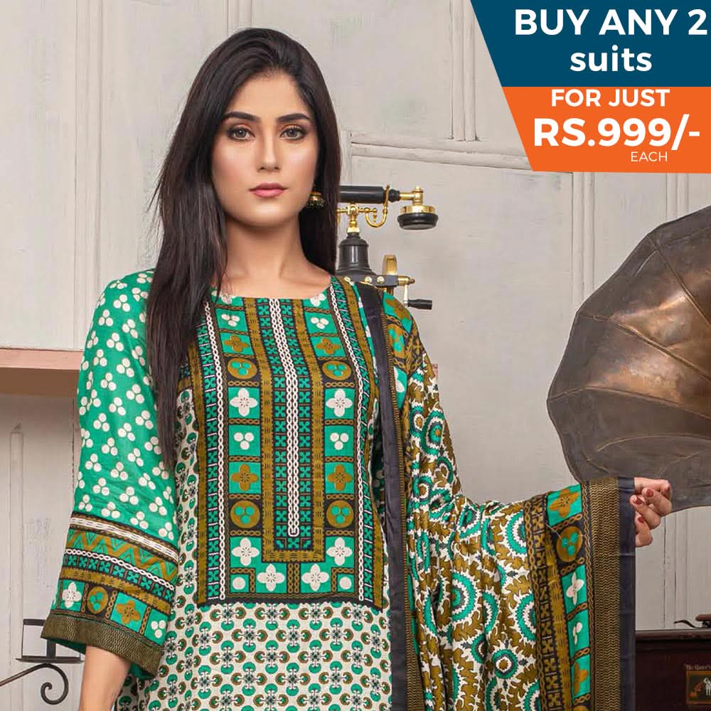Three Star Printed Lawn 3 Pcs Un-Stitched Suit Vol 5 - 2-A, Women, 3Pcs Shalwar Suit, Al Dawood Textiles, Chase Value