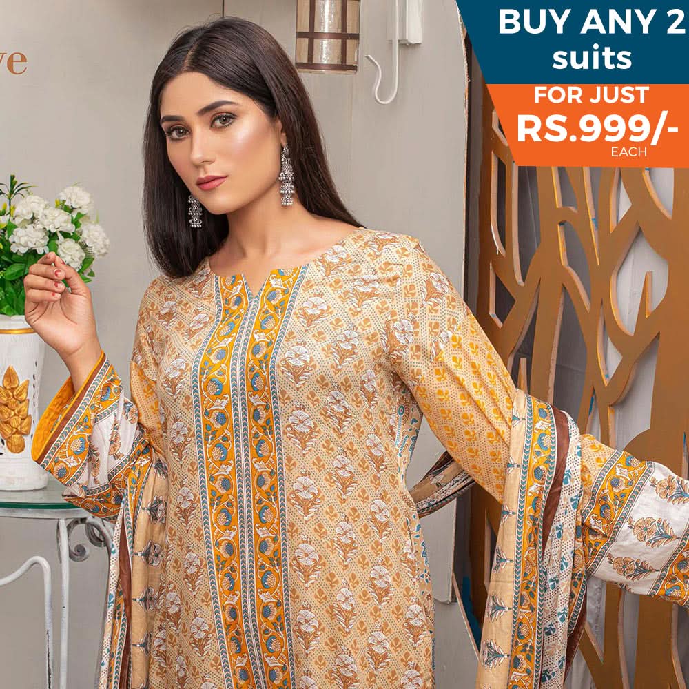 Three Star Printed Lawn 3 Pcs Un-Stitched Suit Vol 5 - 5-B, Women, 3Pcs Shalwar Suit, Al Dawood Textiles, Chase Value