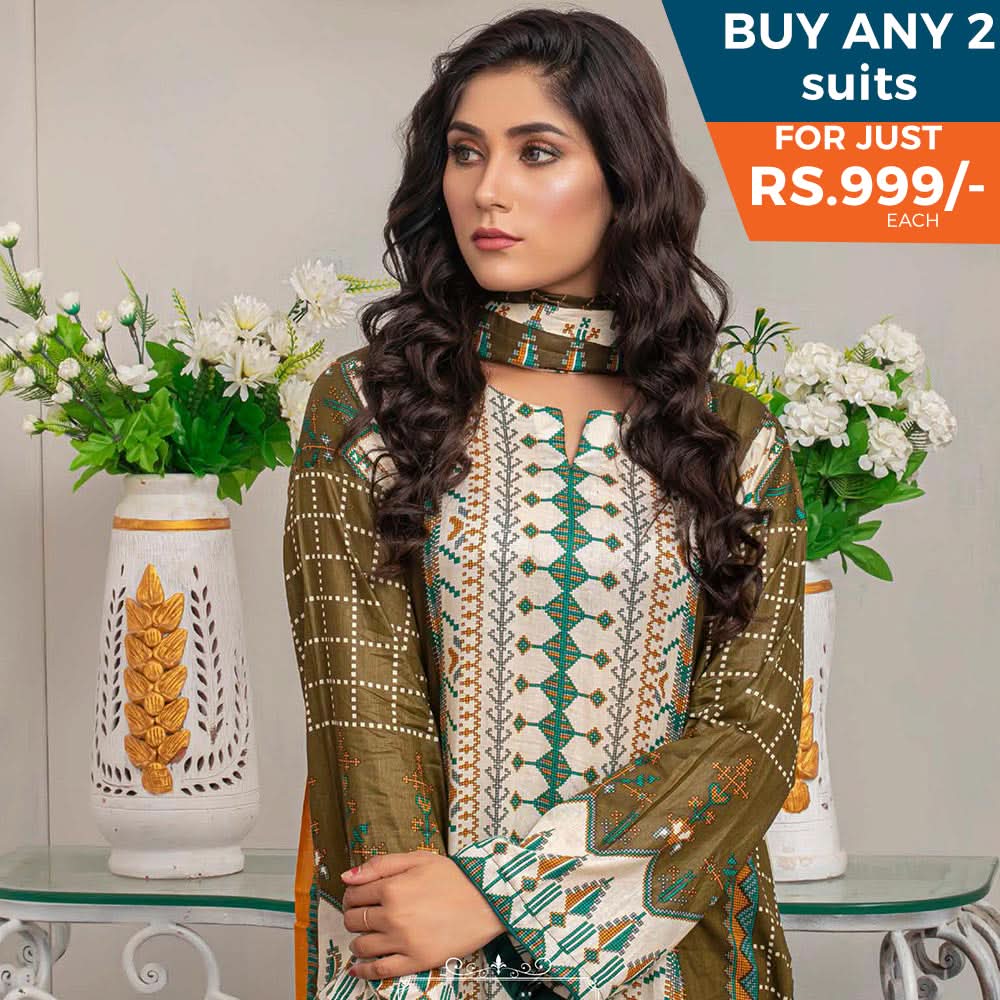 Three Star Printed Lawn 3 Pcs Un-Stitched Suit Vol 5 - 6-B, Women, 3Pcs Shalwar Suit, Al Dawood Textiles, Chase Value
