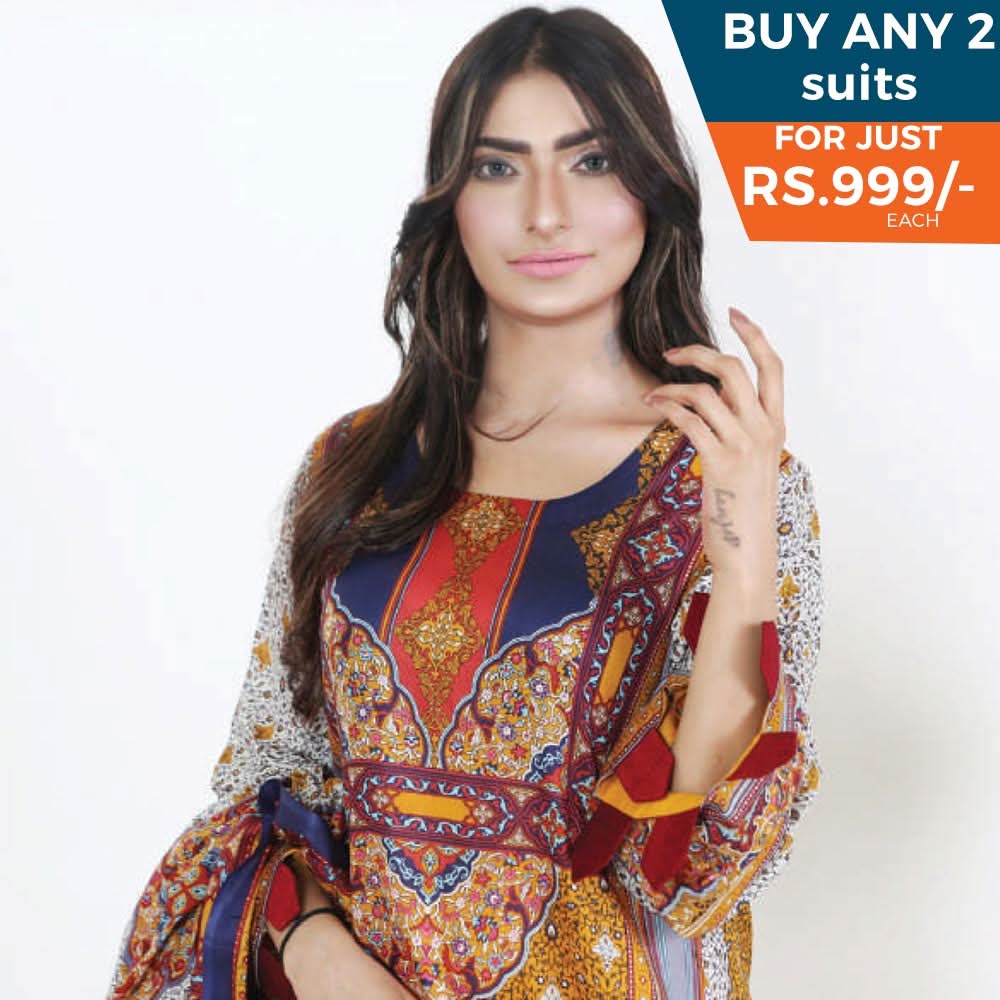 Three Star Printed Lawn 3 Pcs Un-Stitched Suit Vol 4 - 7-B, Women, 3Pcs Shalwar Suit, Al-Dawood Textiles, Chase Value