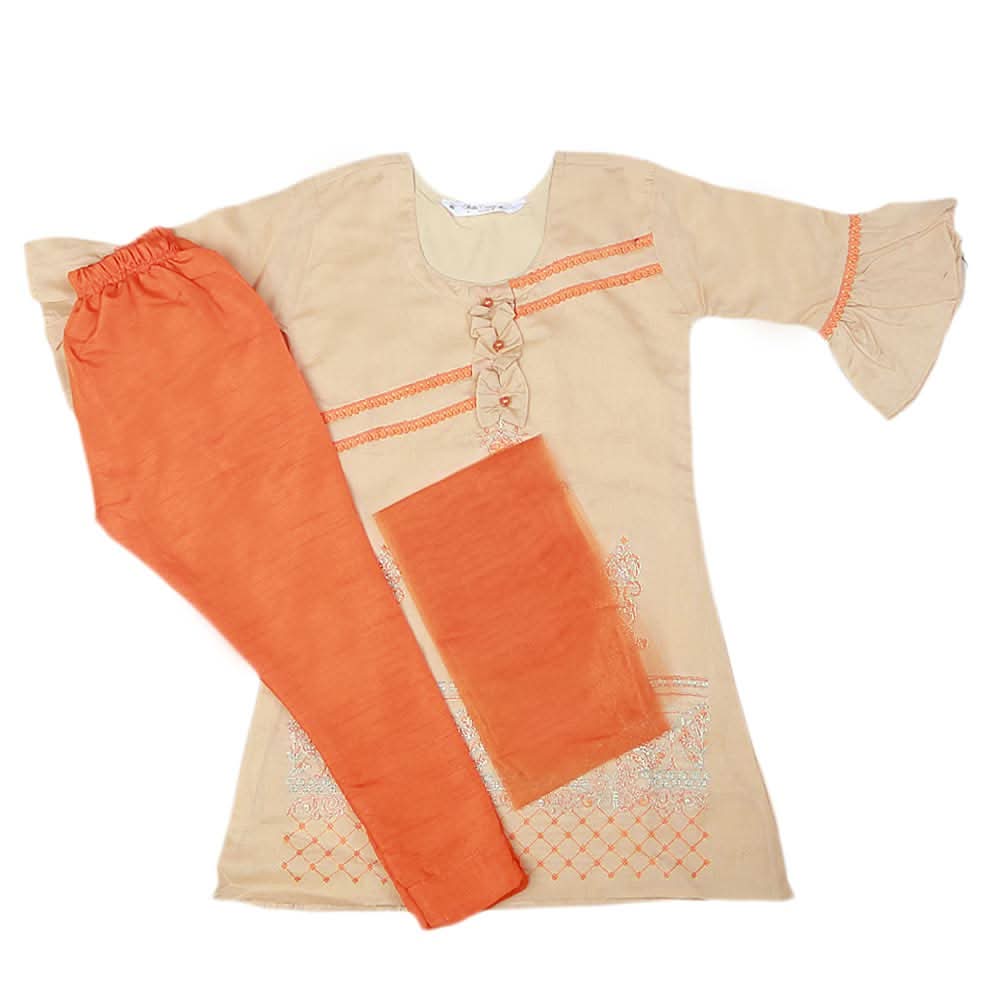 Girls Embroidered Masuri Suit 3 Pcs - Beige, Kids, Girls Sets And Suits, Chase Value, Chase Value