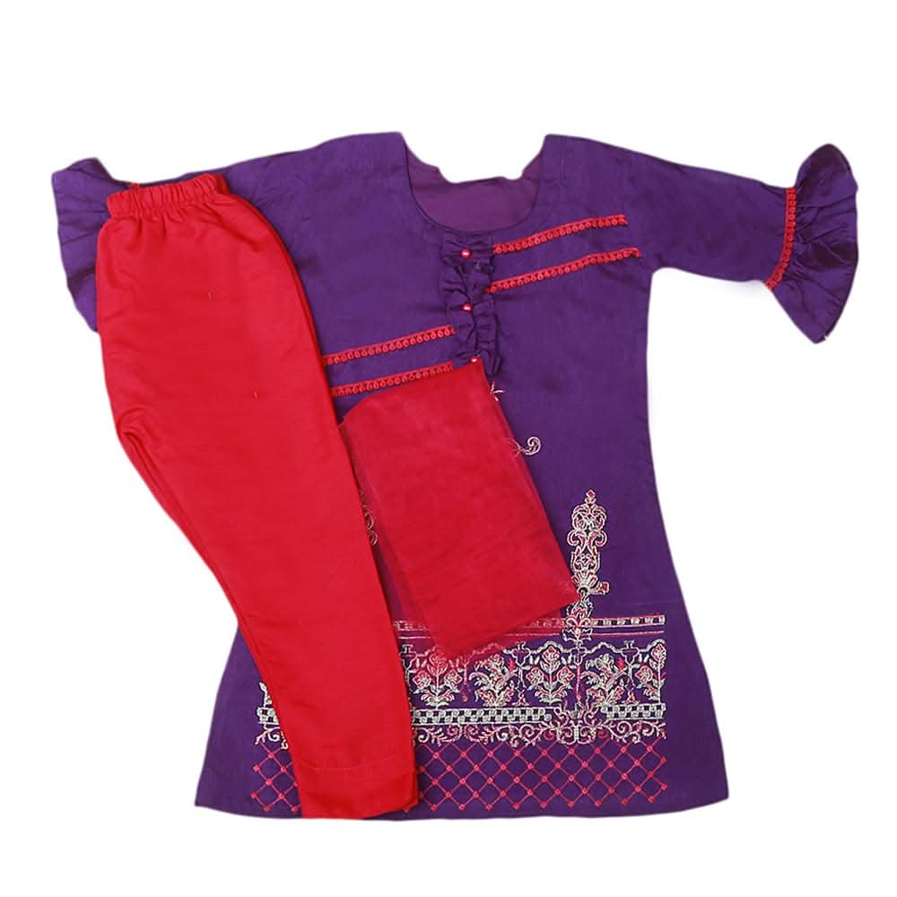 Girls Embroidered Masuri Suit 3 Pcs - Purple, Kids, Girls Sets And Suits, Chase Value, Chase Value