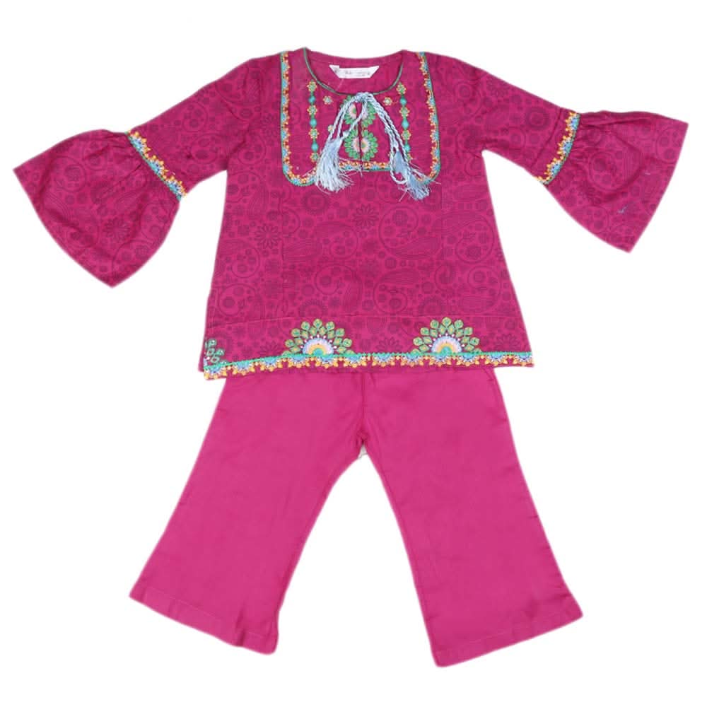 Girls Embroidered Cotton Suit 3 Pcs - Dark Pink, Kids, Girls Sets And Suits, Chase Value, Chase Value