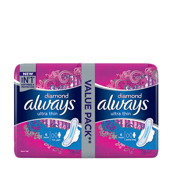 Always Diamond Ultra Thin Sanitary Napkins XL 6 Pcs, Beauty & Personal Care, Sanitory Napkins, P&G, Chase Value